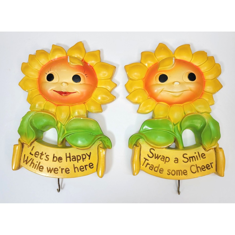 Vtg 1973 Miller Studio Sunflower Chalkware Wall Plaques Hooks Set of 2 Yellow